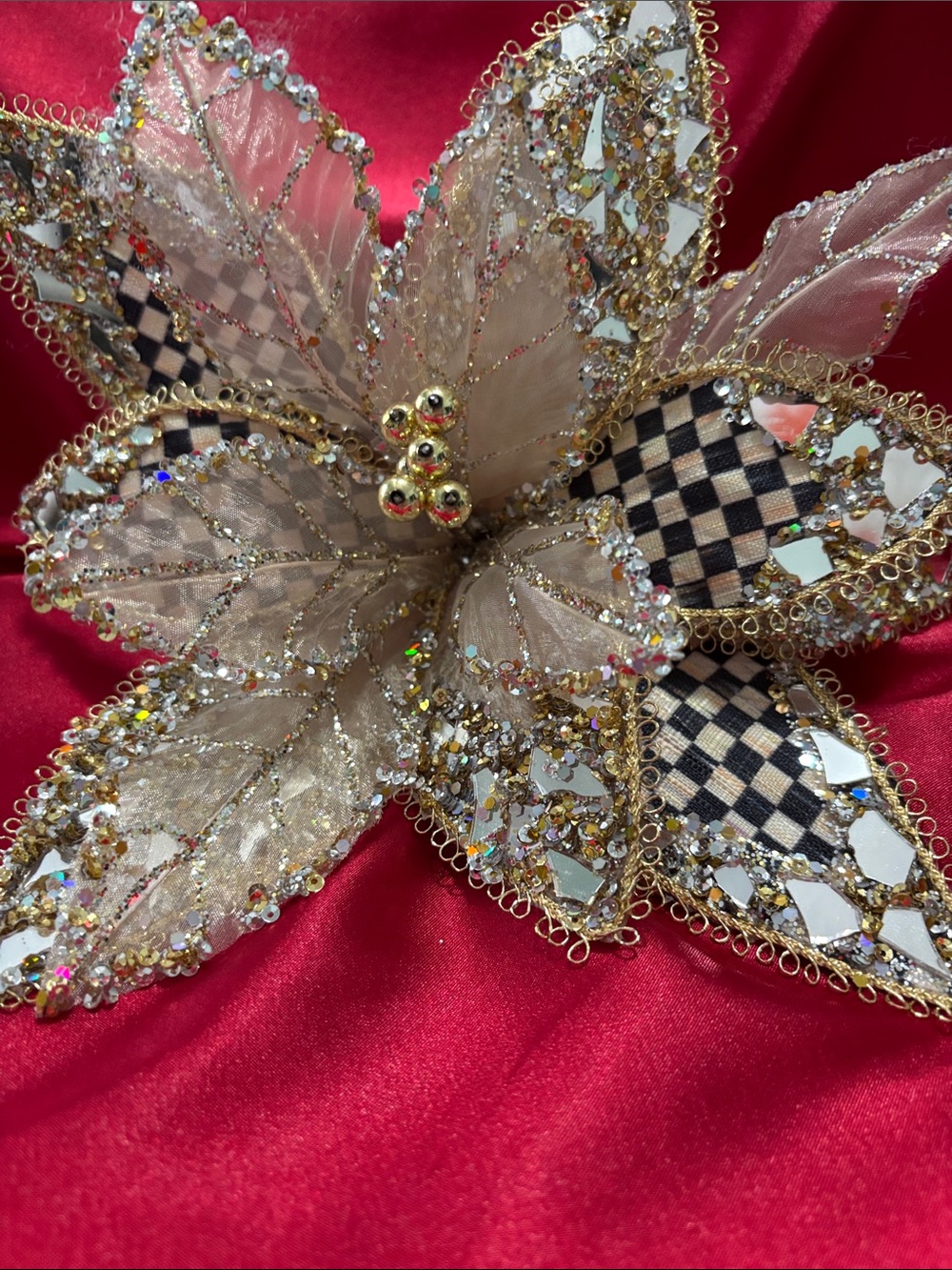 MacKenzie-Childs Gold and Black-Check Beaded Poinsettia Holiday Accent